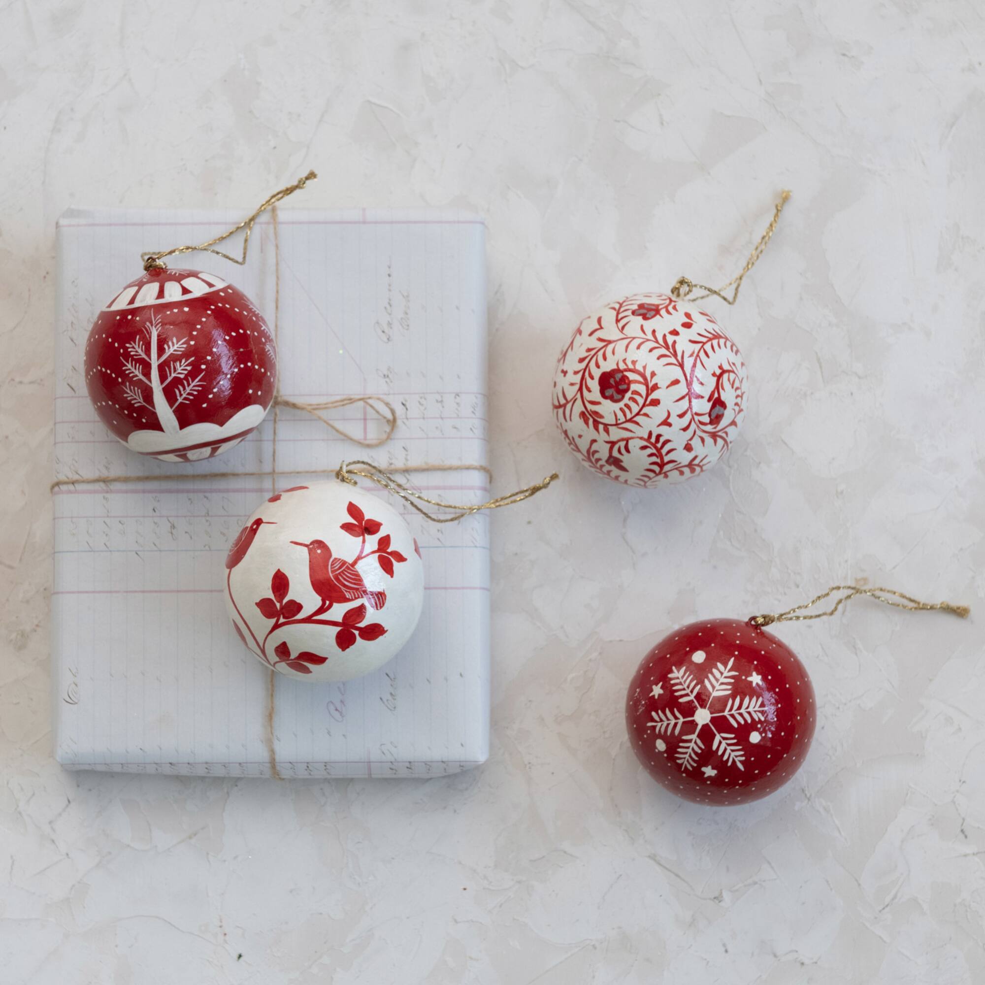 Hello Honey® 4 Pack 3" Round Hand-Painted Paper Mache Ball Ornaments